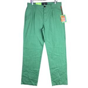 Houston White Mens Chinos Green Single Pleated Wide Leg Cotton NWT 34x32